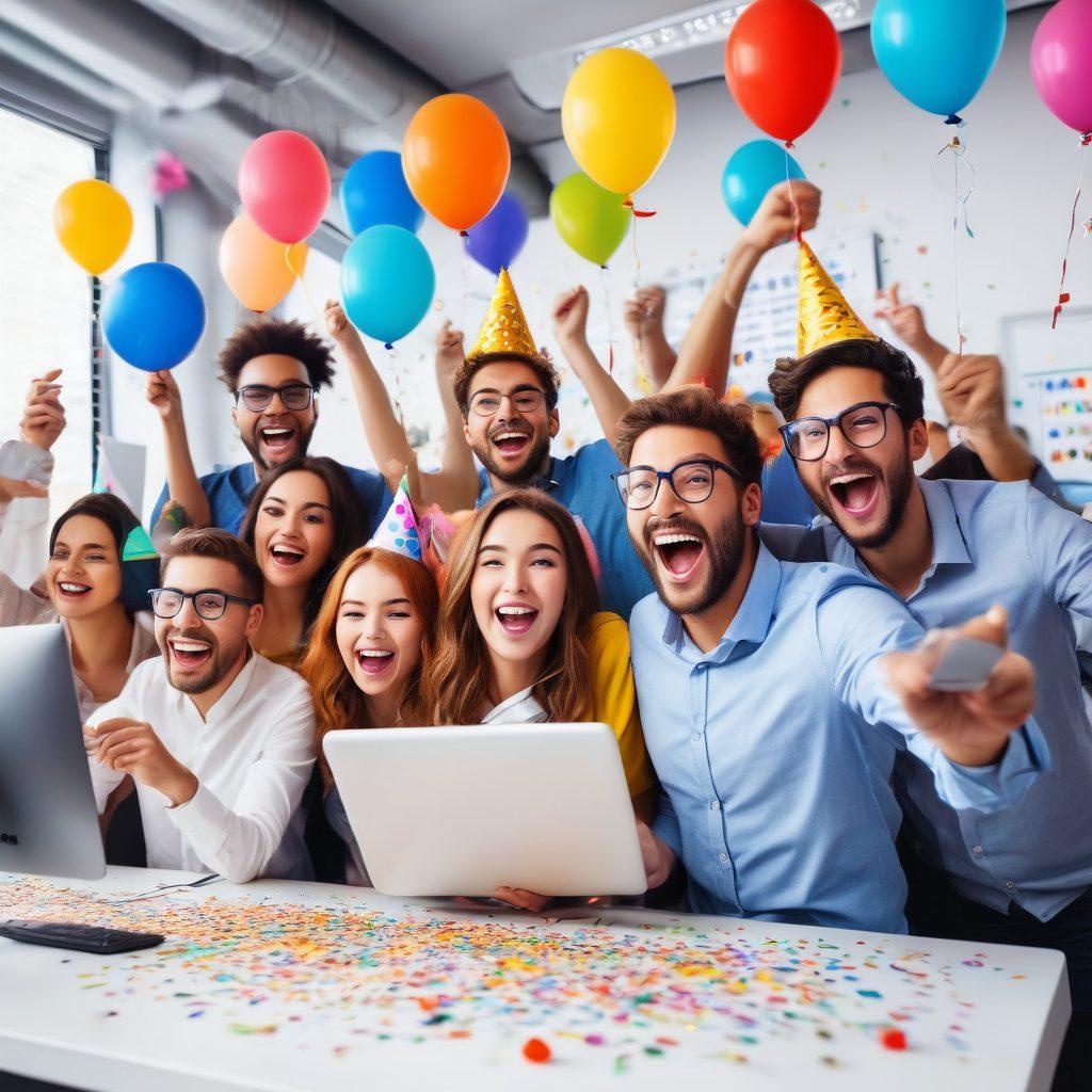 A jubilant team of diverse software testers celebrating a successful project launch, surrounded by colorful confetti and balloons. In the background, screens display vibrant graphs and joyful emojis representing successful simulations turning into real-life achievements. The testers, wearing playful party hats, embody excitement and teamwork in a modern office space. whimsical, bright colors, vector art.