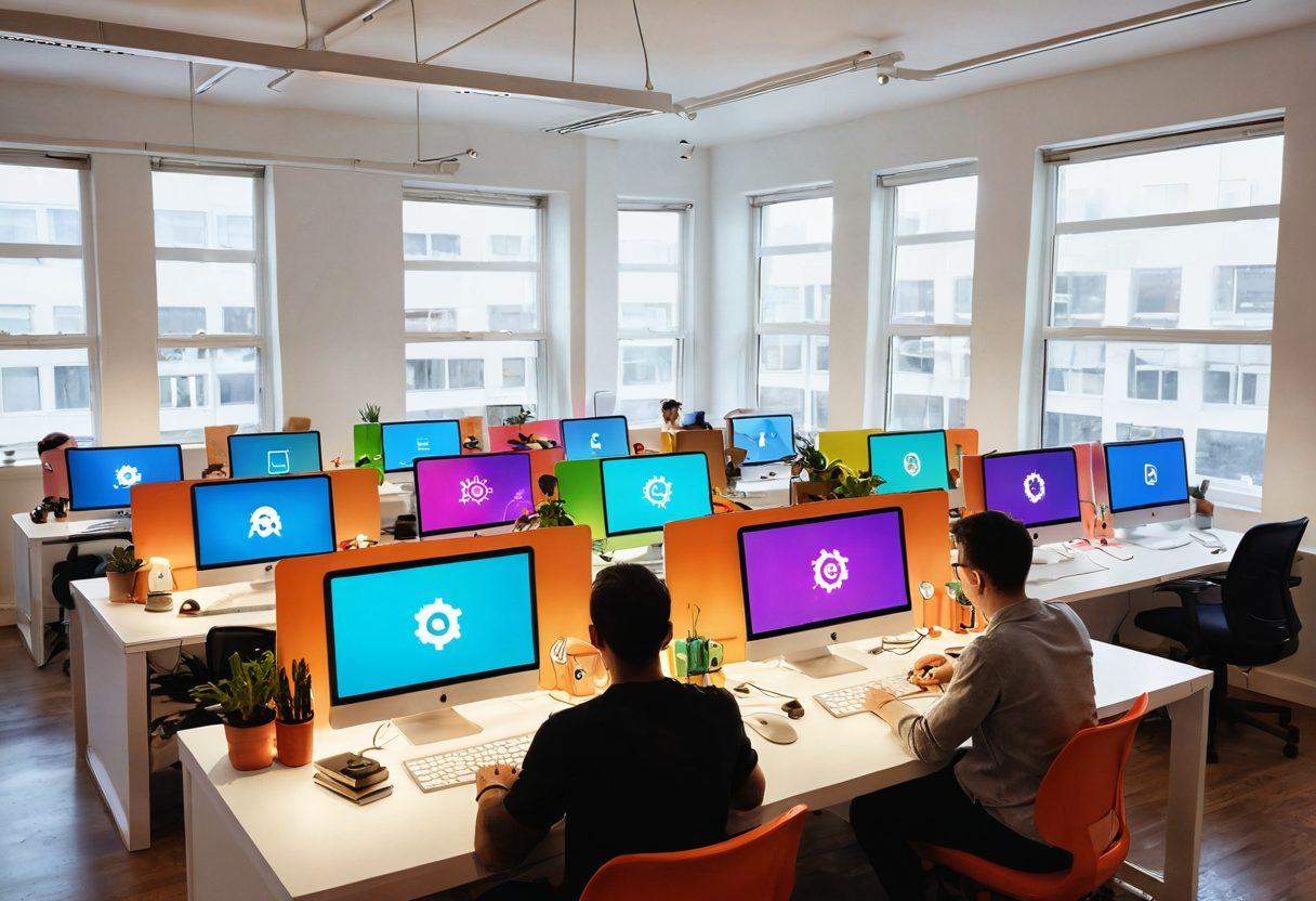 A vibrant workspace filled with cheerful developers collaborating enthusiastically around colorful laptops, with hints of coding screens displaying joyful animations. Incorporate elements of light bulbs and gears symbolizing innovative ideas and smooth workflow. The atmosphere should exude positivity with bright colors and playful design elements. super-realistic. vibrant colors. white background.